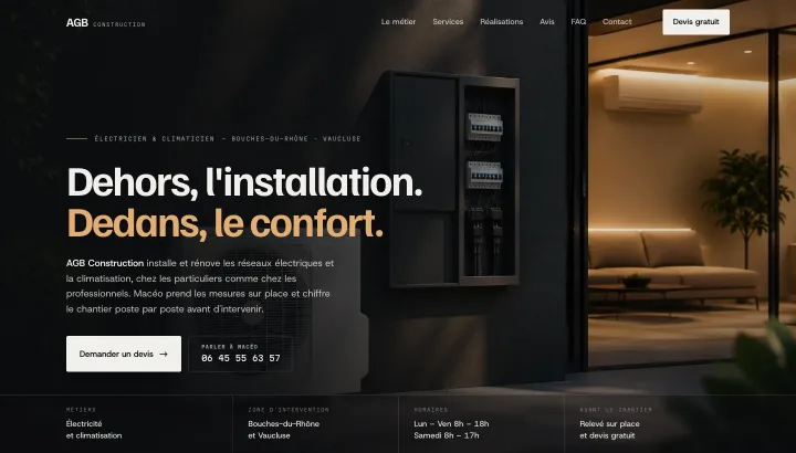 Démonstration : premier écran du site conçu pour AGB Construction, électricité & climatisation.