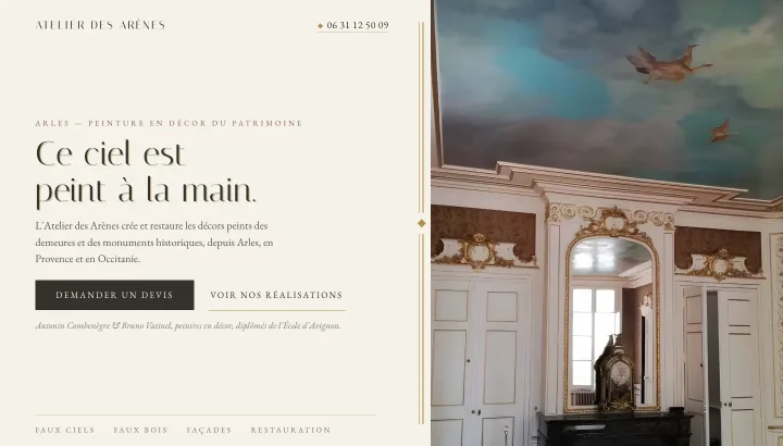 Démonstration : premier écran du site conçu pour l’Atelier des Arènes, peintres en décor du patrimoine.