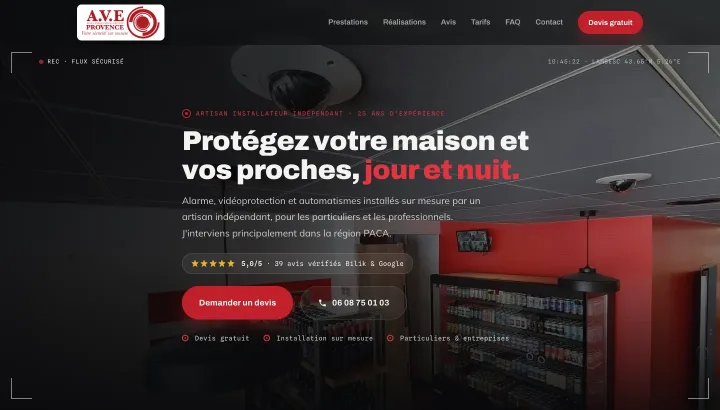 Site livré : premier écran du site conçu pour A.V.E. Provence, alarme & vidéosurveillance.