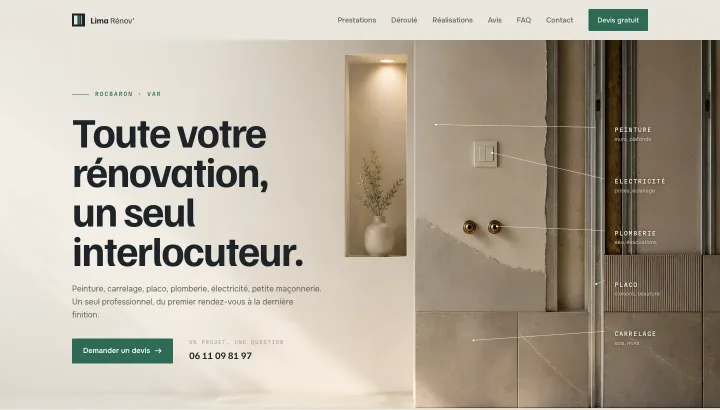 Démonstration : premier écran du site conçu pour Lima Rénov', rénovation tous corps de métier.