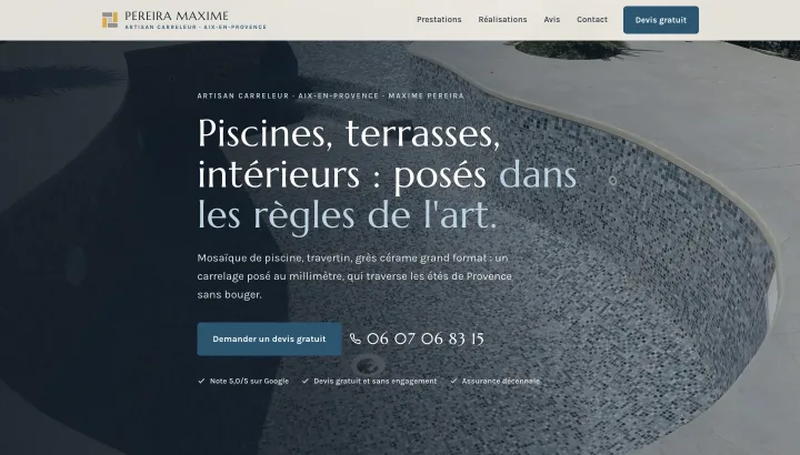 Démonstration : premier écran du site conçu pour Pereira Carrelage, carrelage & piscines.