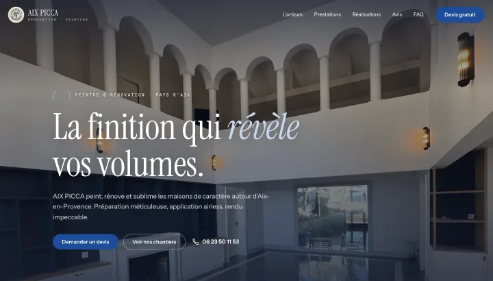 Démonstration : premier écran du site conçu pour Aix Picca, peinture & rénovation.