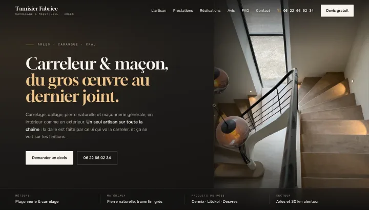 Démonstration : premier écran du site conçu pour Tamisier Fabrice, carreleur & maçon.